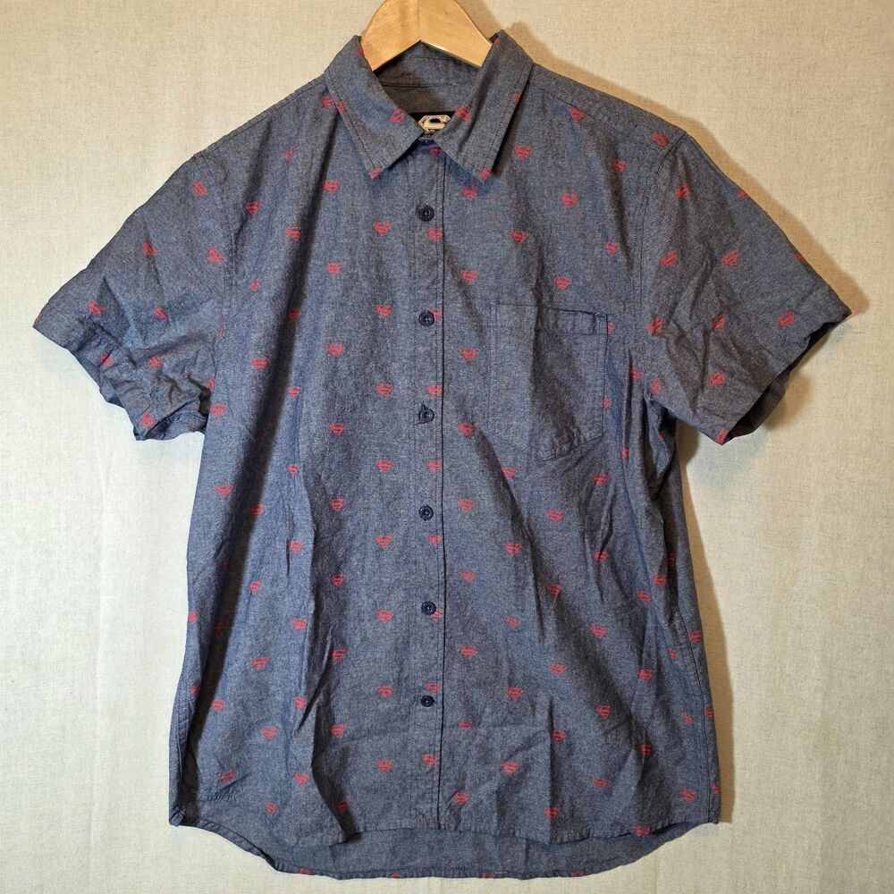 Superman Mens Large Button Up Shirt Casual DC Comics Short Sleeves Geek